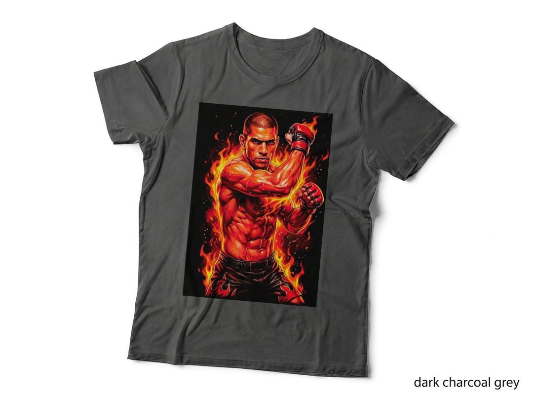 Male MMA Fighter Guard Stance Red Gloves Black Shorts Orange Flame T-Shirt