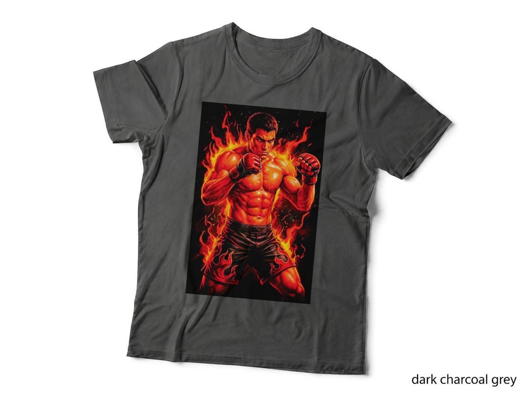 Male MMA Fighter Guard Stance Red Gloves Flame Shorts Orange Background T-Shirt