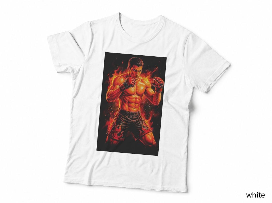 Male MMA Fighter Illustrated Fiery Portrait Fists Raised Guard Stance T-Shirt