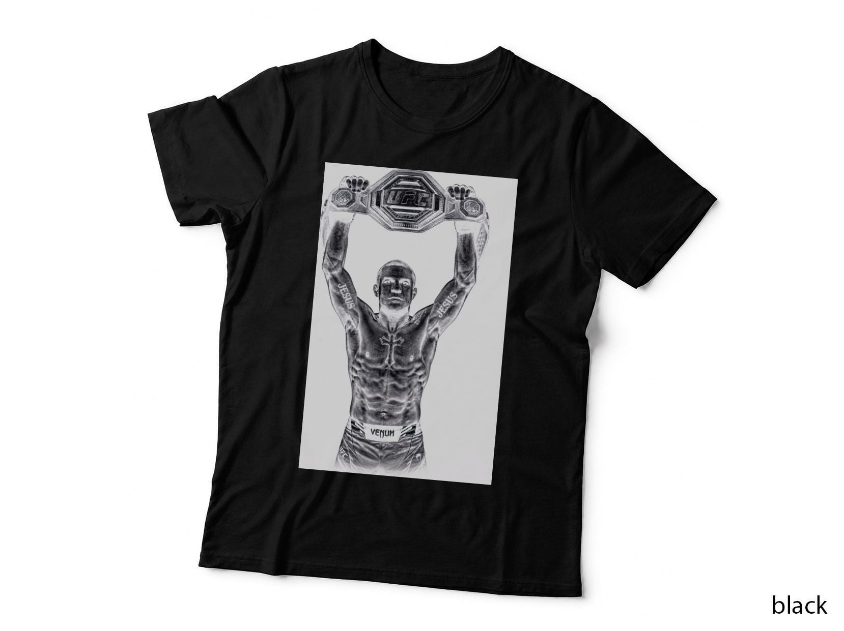 Male MMA Fighter Jesus Venum Monochrome Holding Championship Belt Cross T-Shirt