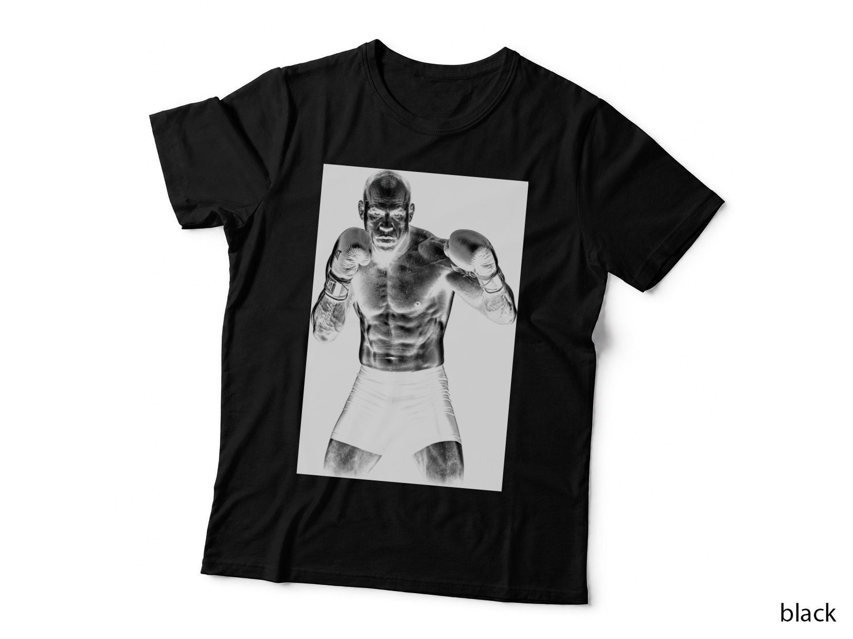 Male MMA Fighter Monochrome Older Bald Boxer Boxing Gloves Raised Chest T-Shirt