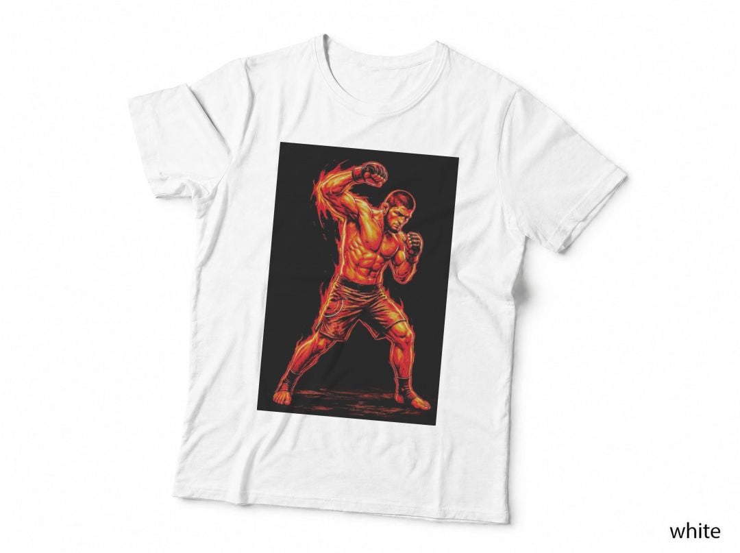 Male MMA Fighter Monochrome Orange Guard Stance Gold Shorts Side Profile T-Shirt