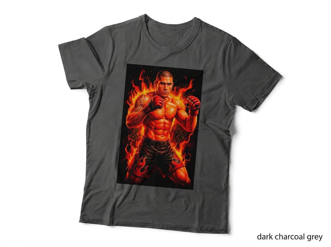 Male MMA Fighter Muscular Fists Raised Orange Flame Silhouette Red T-Shirt
