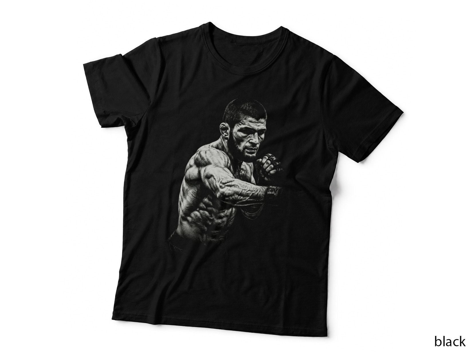 Male MMA Fighter Throwing Punch Side View Muscular Monochrome Halftone T-Shirt