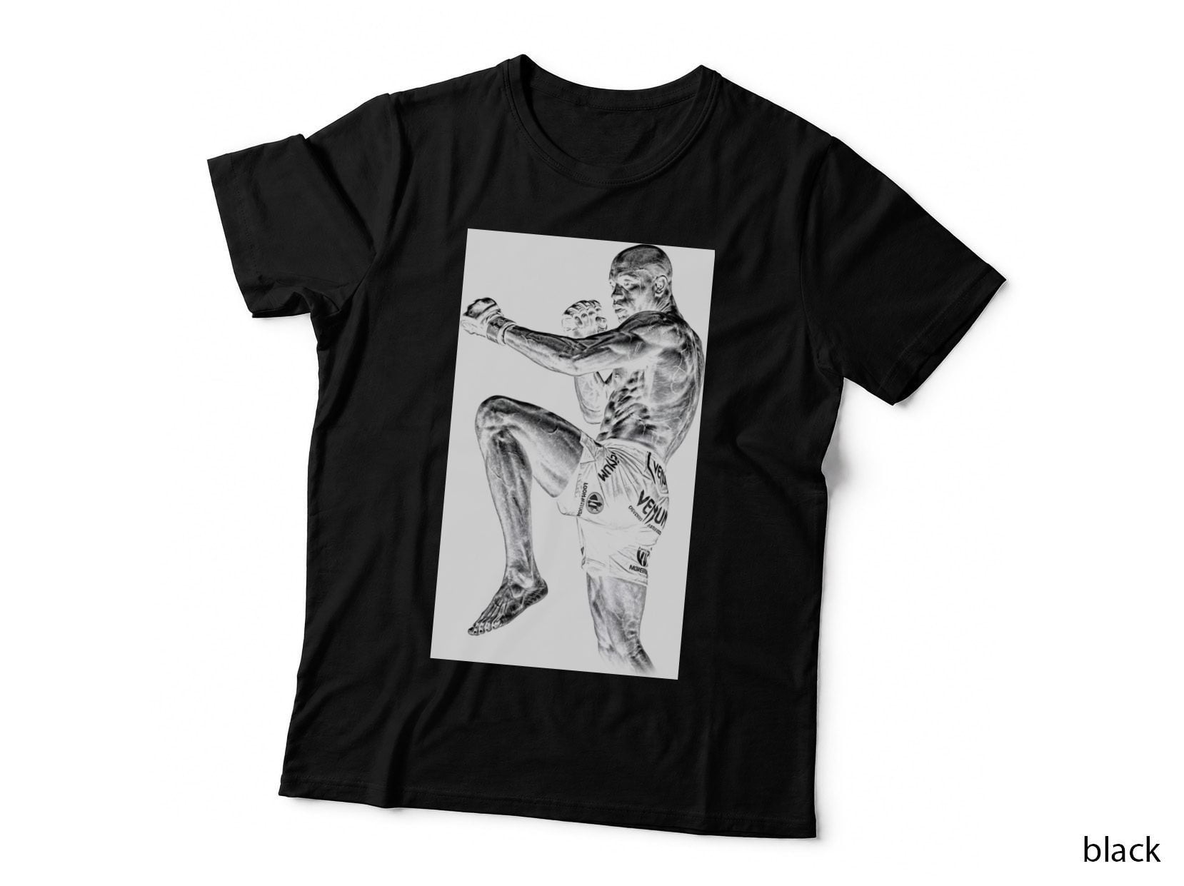 Male MMA Fighter Venum Black and White Photo-Real Bald Muay Thai Style T-Shirt