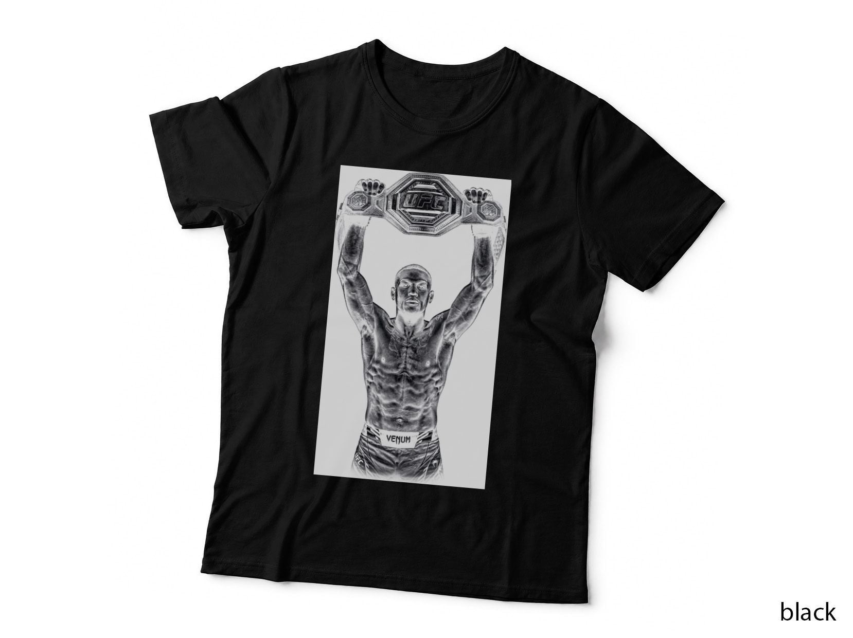 Male MMA Fighter Venum Black and White Photo-Real Muscular Holding T-Shirt