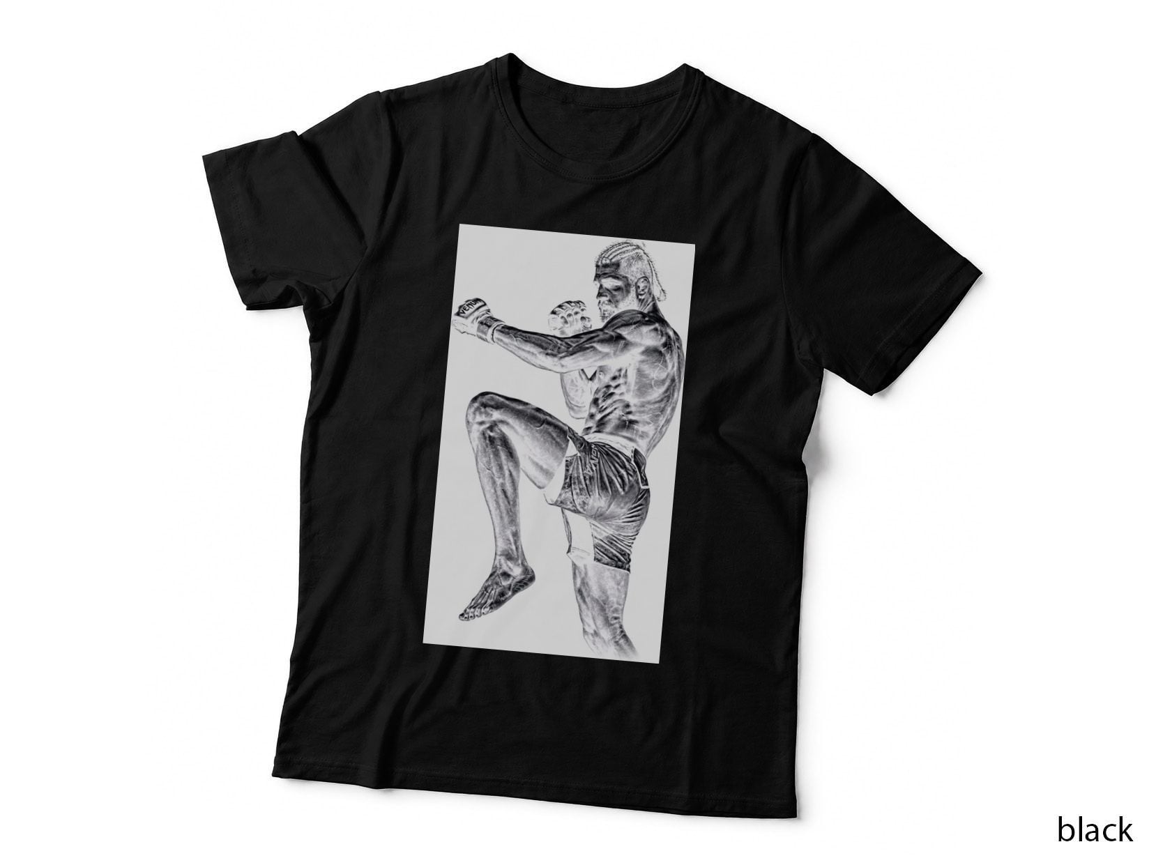 Male MMA Fighter Venum Grayscale Sketch Knee Raised Long Hair Beard T-Shirt