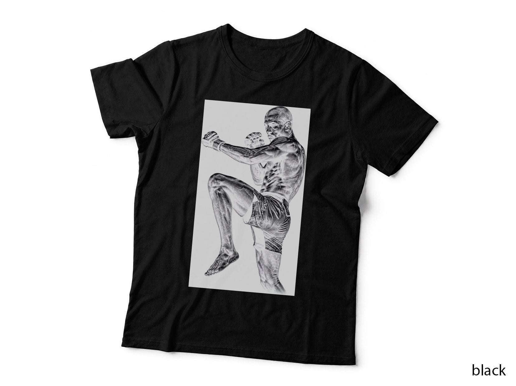 Male MMA Fighter Venum Monochrome Side Profile Knee Raise Arm Tattoos T-Shirt