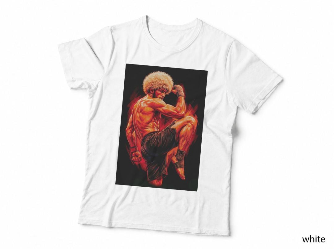 Male MMA Fighter with Large Curly Afro Hair Flying Knee Pose Red Flame T-Shirt