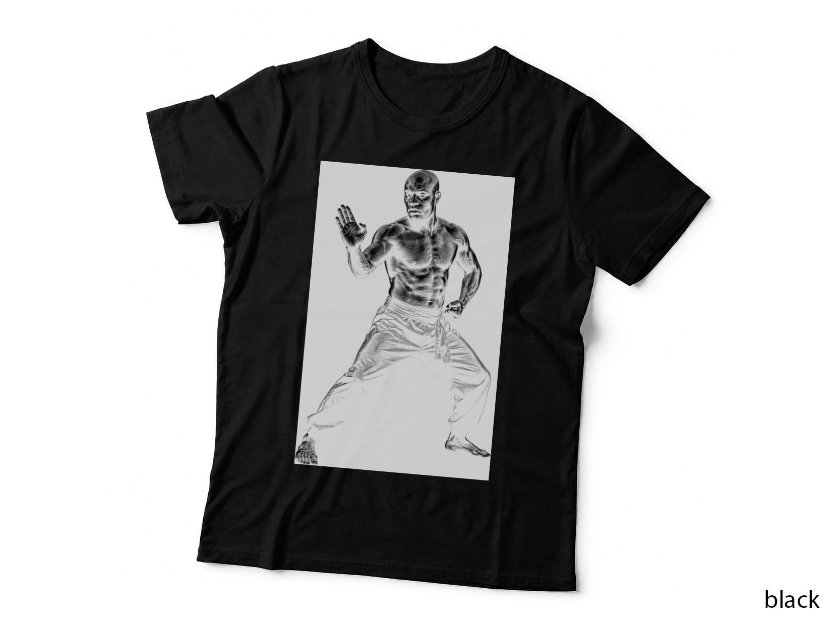 Male Martial Artist Grayscale Sketch Kung Fu Stance Barefoot Bald T-Shirt