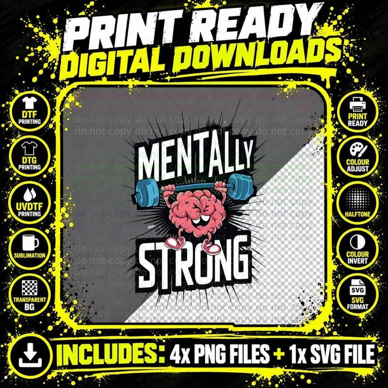 Mentally Strong Blue White Brain Dumbbell Intelligence Png SVG Digital Bundle