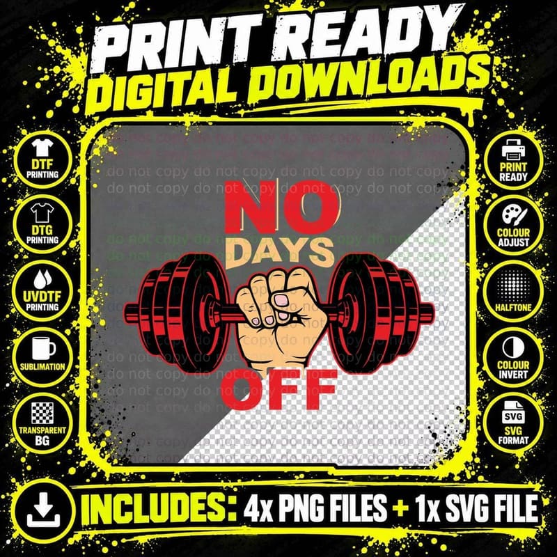 No Days off Fist Dumbbell Red T-Shirt Png SVG Digital Bundle