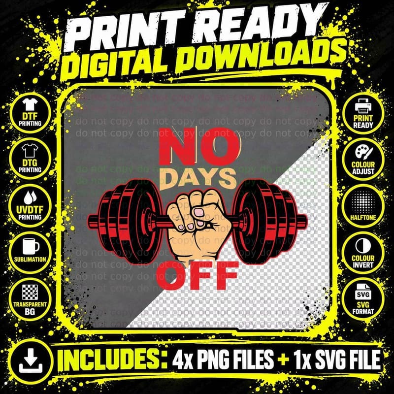 No Days off Red Bold Fist Dumbbell Motivation Text Png SVG Digital Bundle