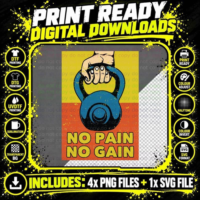 No Pain Gain Kettlebell Fist Yellow Red Motivational Png SVG Digital Bundle
