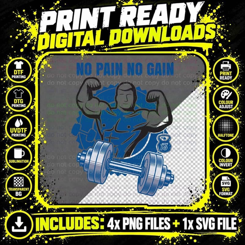 No Pain Gain Muscular Man Blue Motivational T-Shirt Png SVG Digital Bundle
