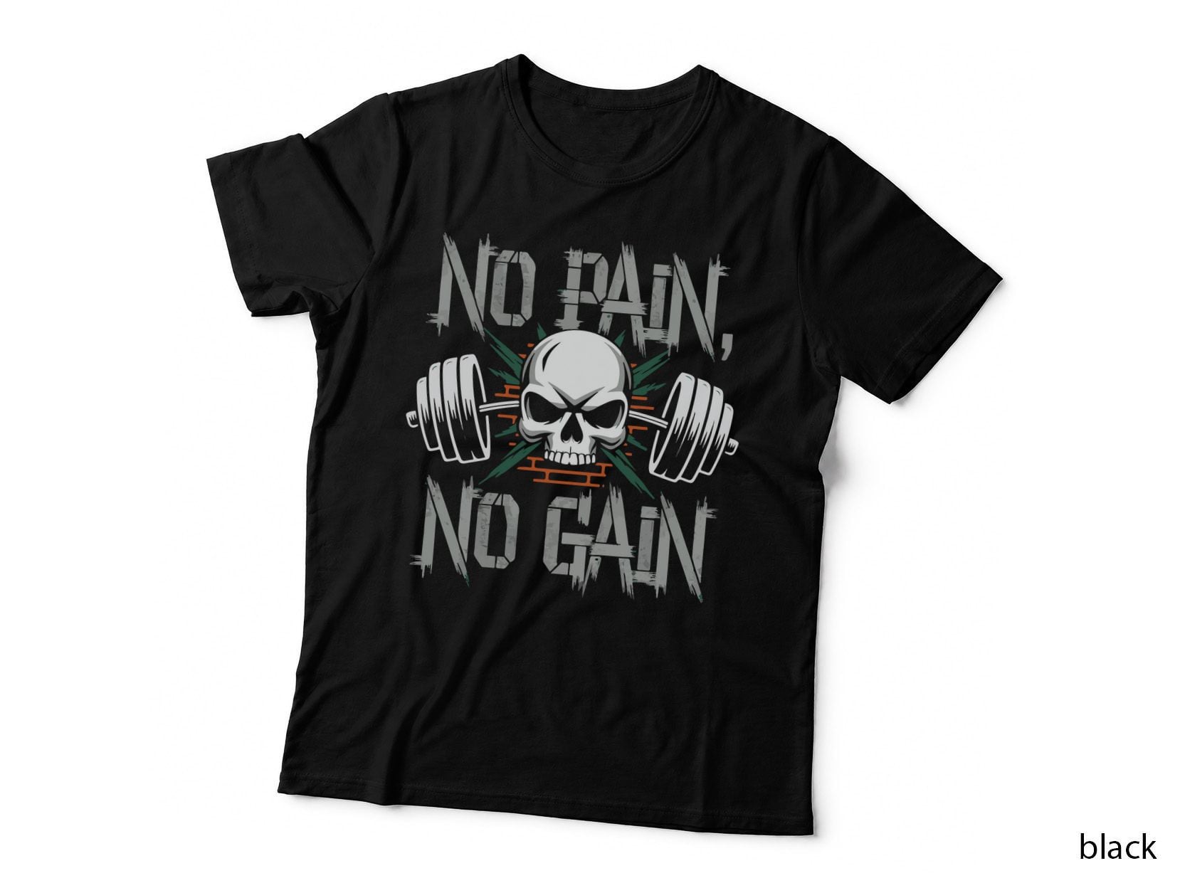 No Pain Gain Skull Crossbones Dumbbells White Gray T-Shirt