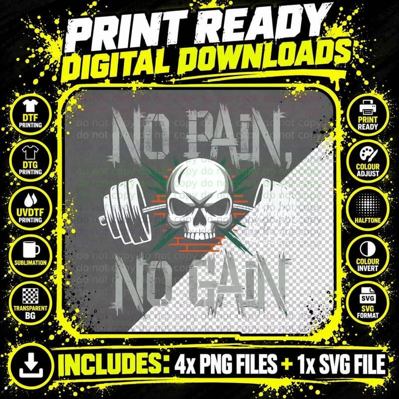 No Pain Gain Skull Crossbones Dumbbells White Gray Png SVG Digital Bundle