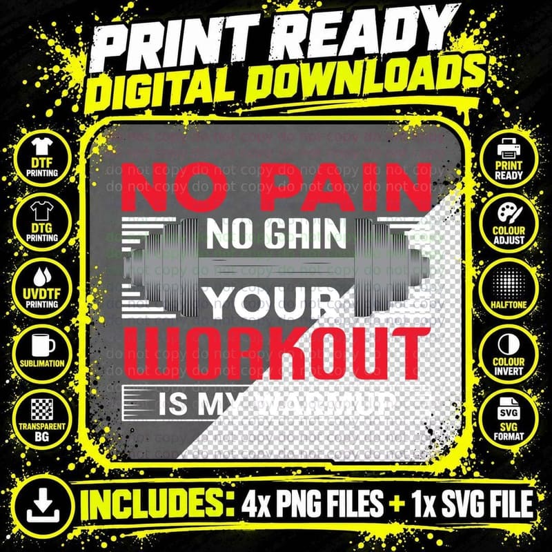 No Pain Gain Your Workout Is My Warmup Dumbbell Red Png SVG Digital Bundle