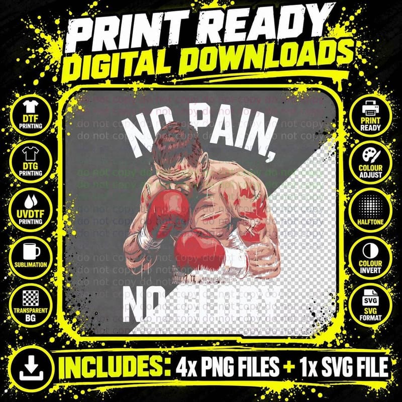 No Pain Glory White Red Boxing Gloves Muscular Man Png SVG Digital Bundle
