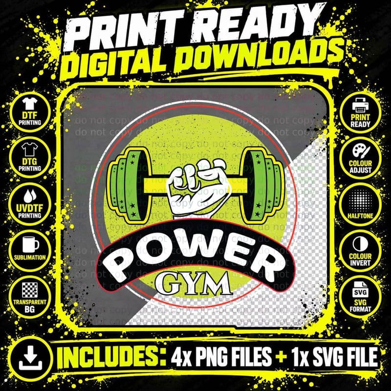 Power Gym Bright Neon Yellow Lime Dumbbell Bodybuilder Png SVG Digital Bundle