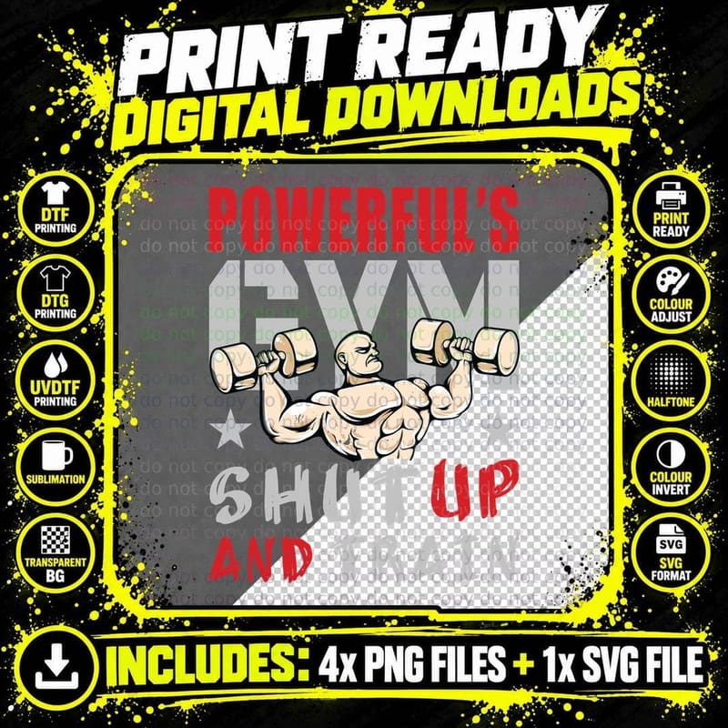 Powerful's Shut up and Train Muscular Arms Red Dumbbells Png SVG Digital Bundle