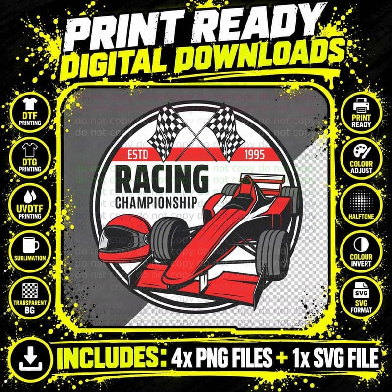 Red Racing Car Championship Formula Vintage Badge T-Shirt Png SVG Digital Bundle