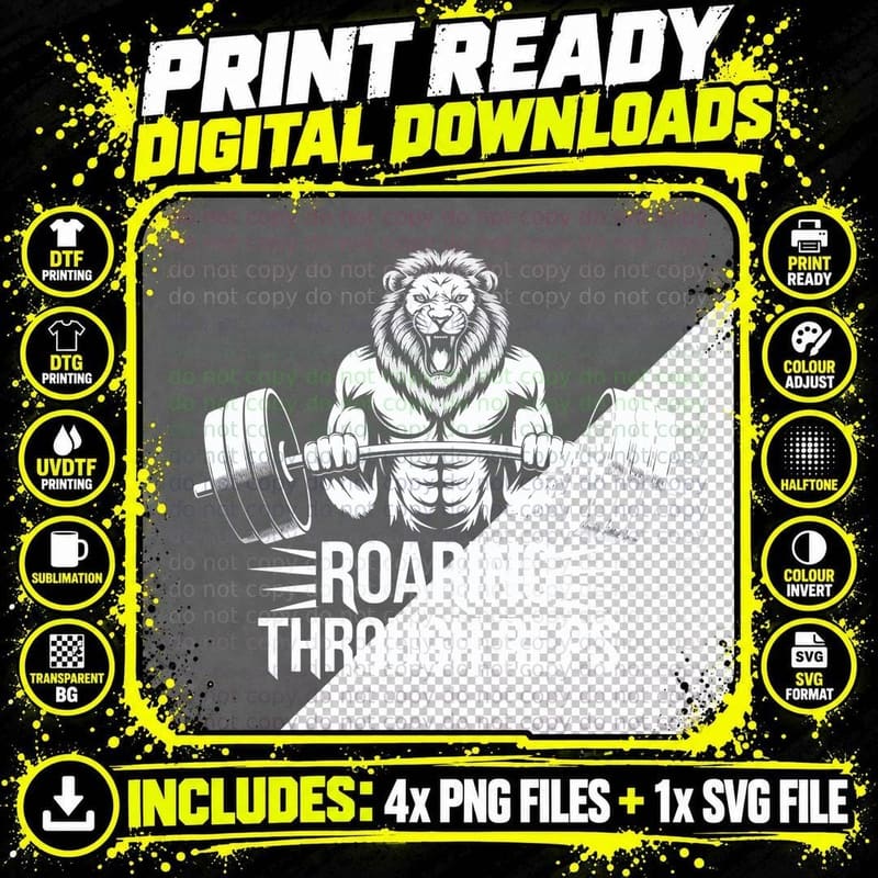 Roaring Through Reps White Gray Lion Dumbbell Muscular Png SVG Digital Bundle