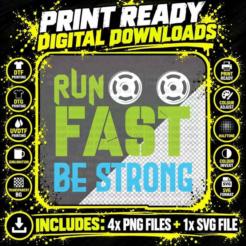 Run Fast Be Strong Lime Green Cyan Fitness Motivational Png SVG Digital Bundle