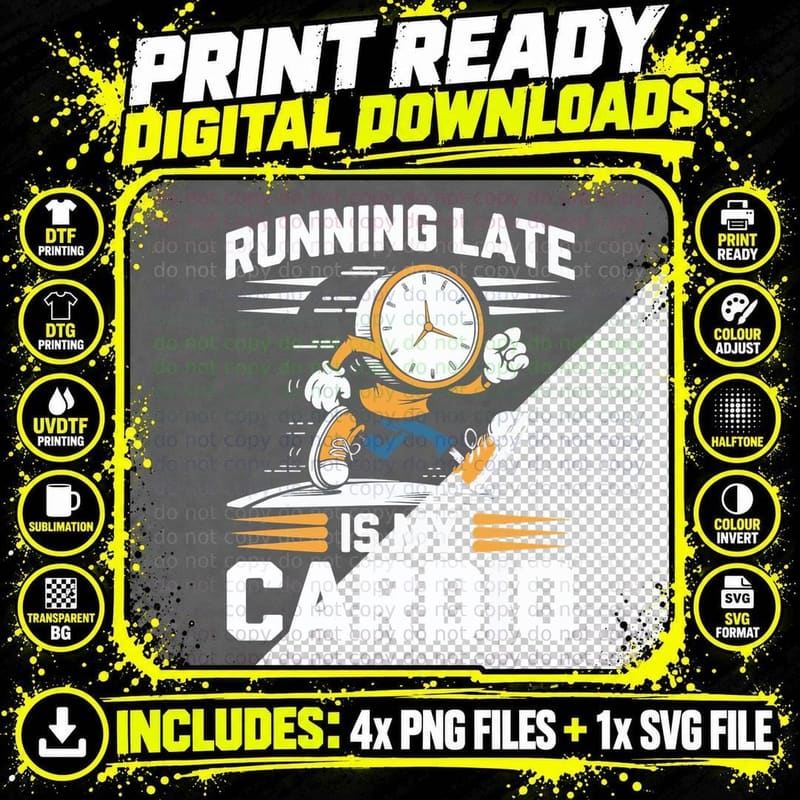 Running Late Is My Cardio White Orange Clock Character Png SVG Digital Bundle