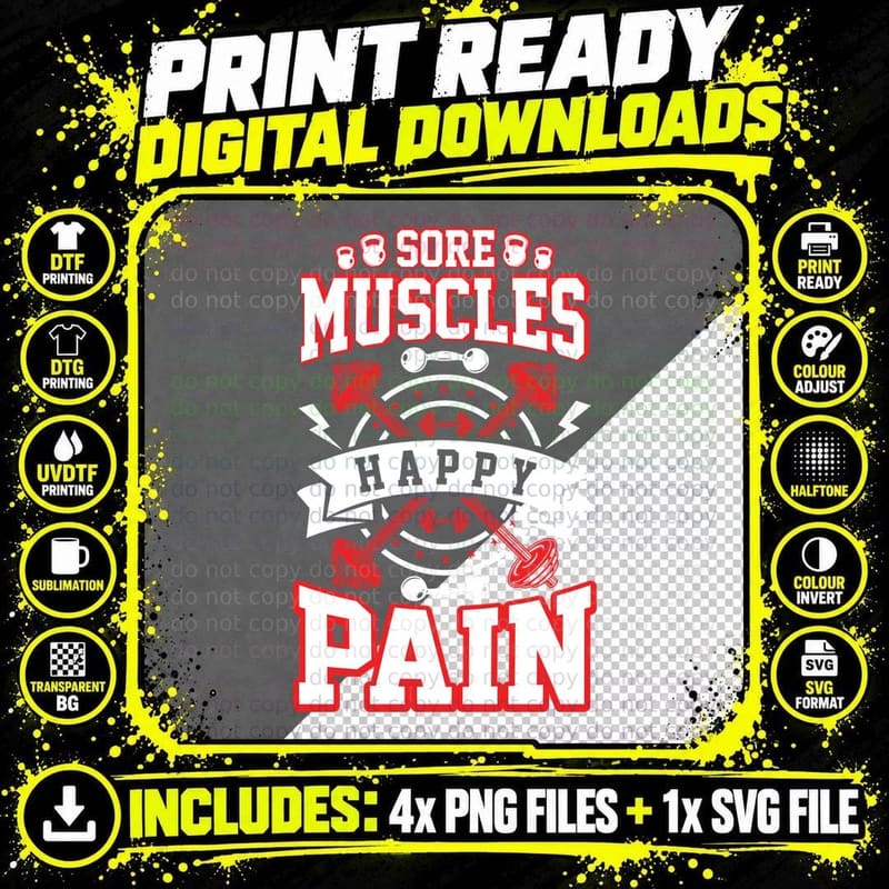 Sore Muscles Happy Pain Dumbbell Kettlebell Motivation Png SVG Digital Bundle