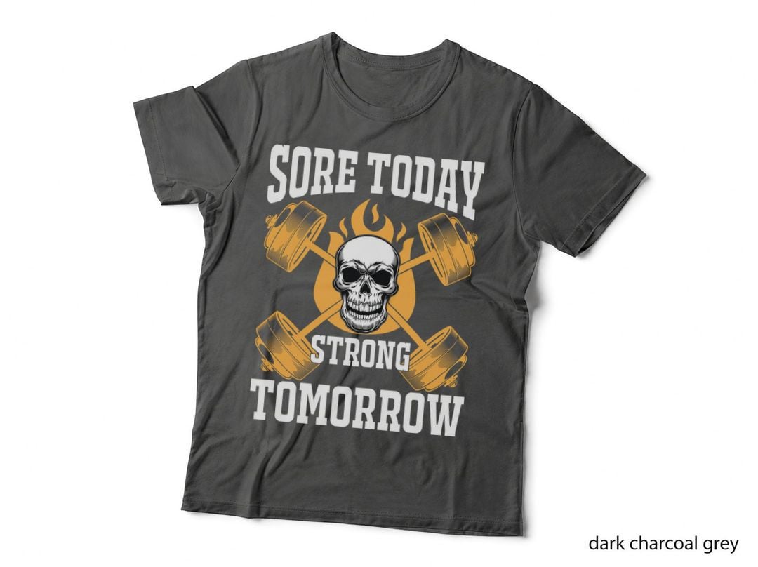Sore Today Strong Tomorrow Orange White Skull Dumbbell Motivational T-Shirt