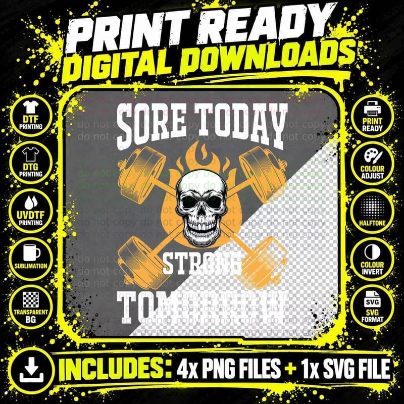 Sore Today Strong Tomorrow Orange White Skull Dumbbell Png SVG Digital Bundle