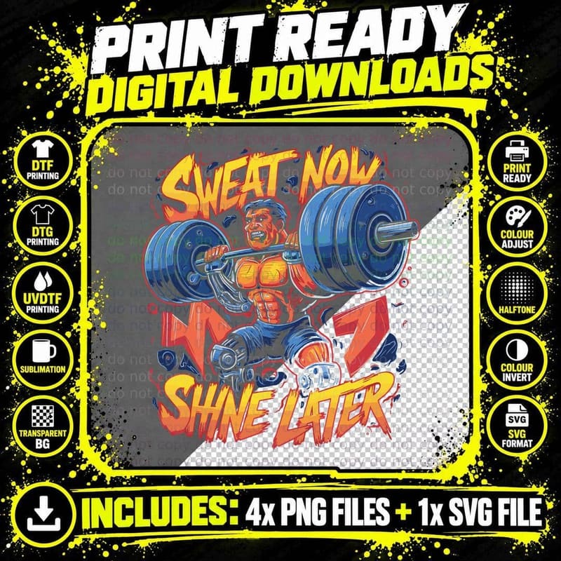 Sweat Now Shine Later Orange Red Yellow Dumbbell Fire Png SVG Digital Bundle