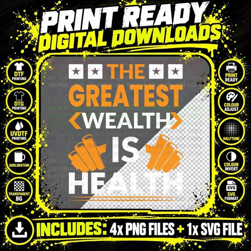 The Greatest Wealth Is Health Dumbbell Orange Png SVG Digital Bundle