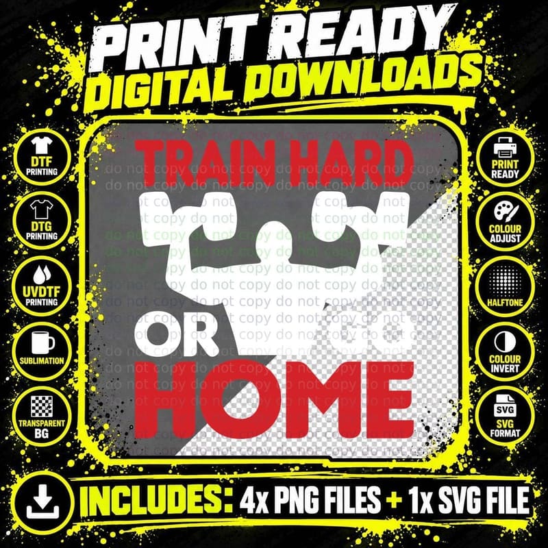 Train Hard or Go Home Muscular White Silhouette Dumbbell Png SVG Digital Bundle