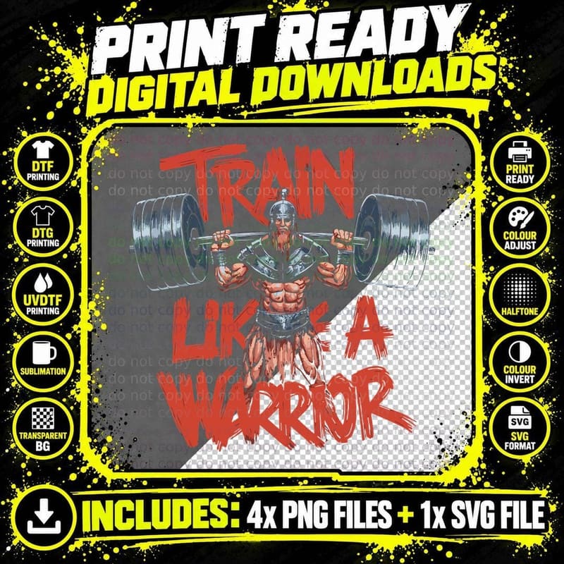 Train Like a Warrior Red Orange Muscular Man Dumbbell Png SVG Digital Bundle