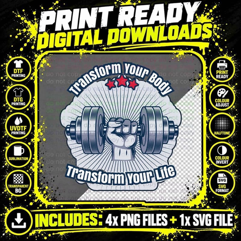 Transform Your Body Life Dumbbell Fist Blue White Png SVG Digital Bundle