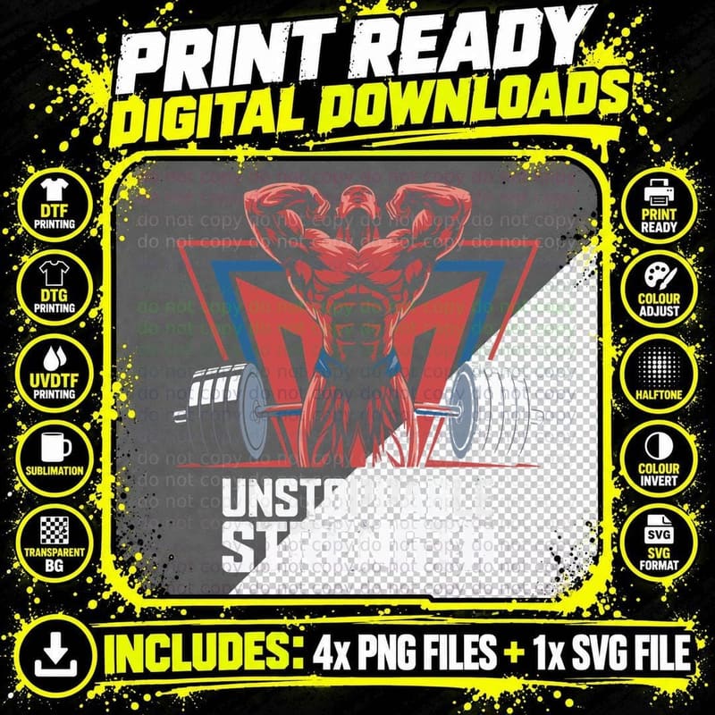Unstoppable Strength Red Blue Muscular Man Bodybuilder Png SVG Digital Bundle