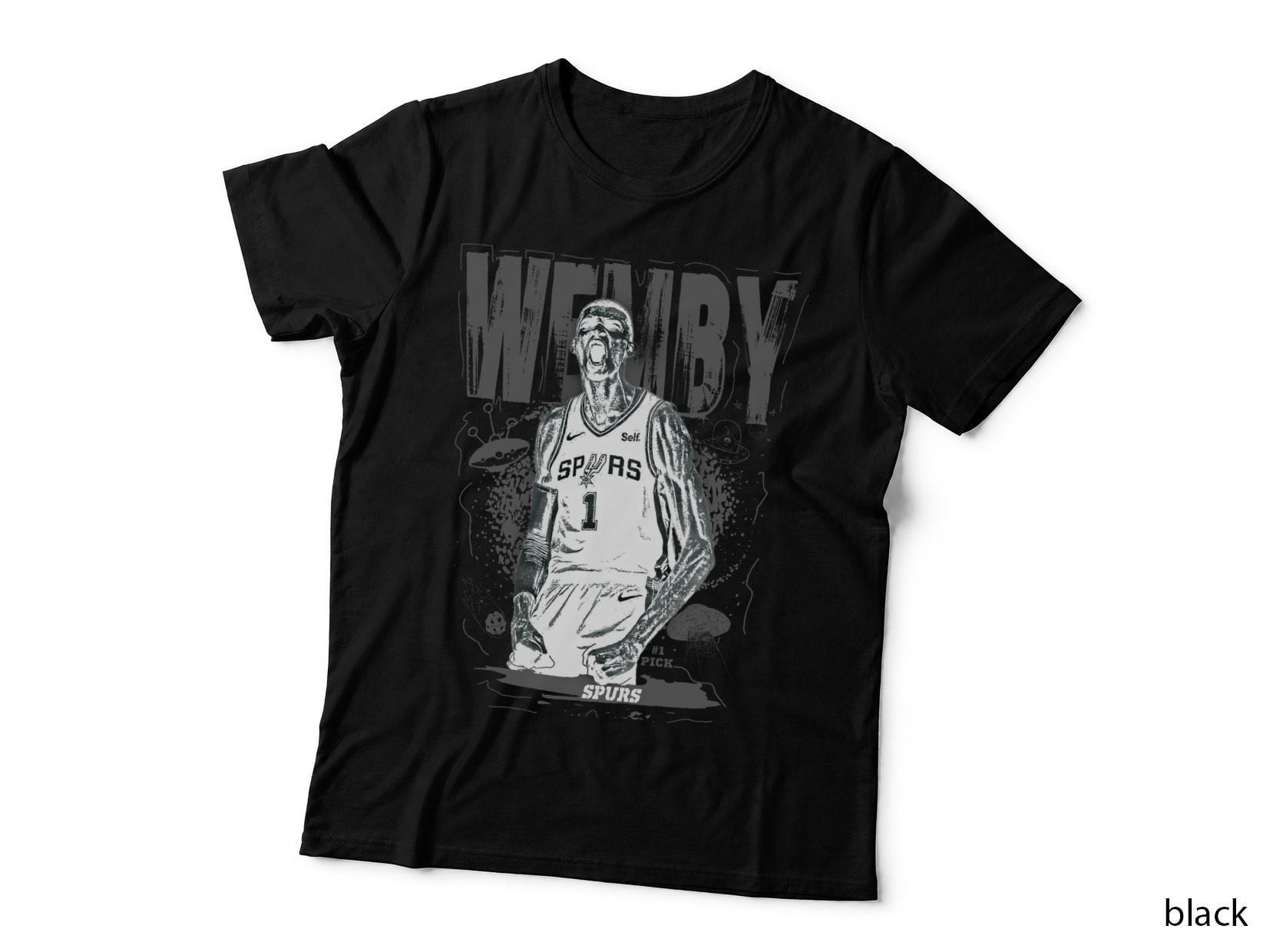 Wemby Spurs 1 Pick San Antonio Black Jersey Grey Monochrome Screaming T-Shirt
