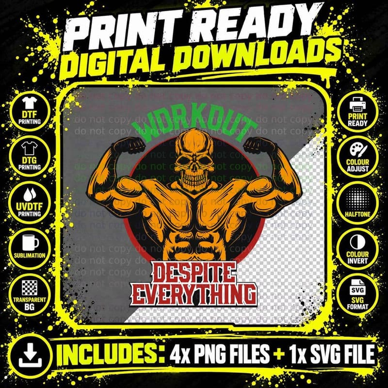 Workout Despite Everything Skull with Muscles Png SVG Digital Bundle