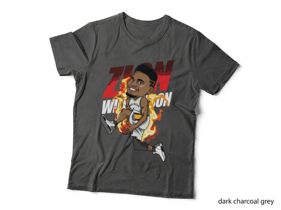 Zion Williamson Caricature Dunking White New Orleans Jersey Flame T-Shirt