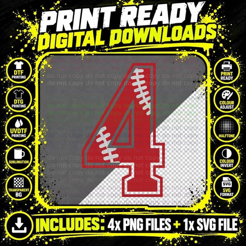 4 Baseball T-Shirt, Baseball-Themed Number Four Graphic Png SVG Digital Bundle