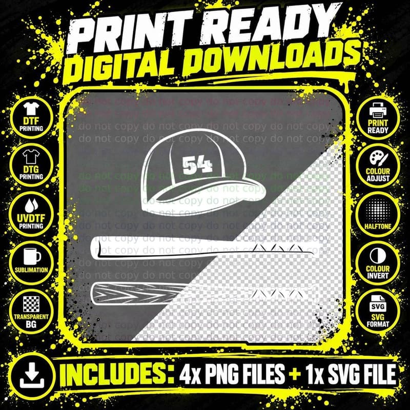 54 Baseball T-Shirt, Baseball Cap and Bats Graphic Tee Png SVG Digital Bundle