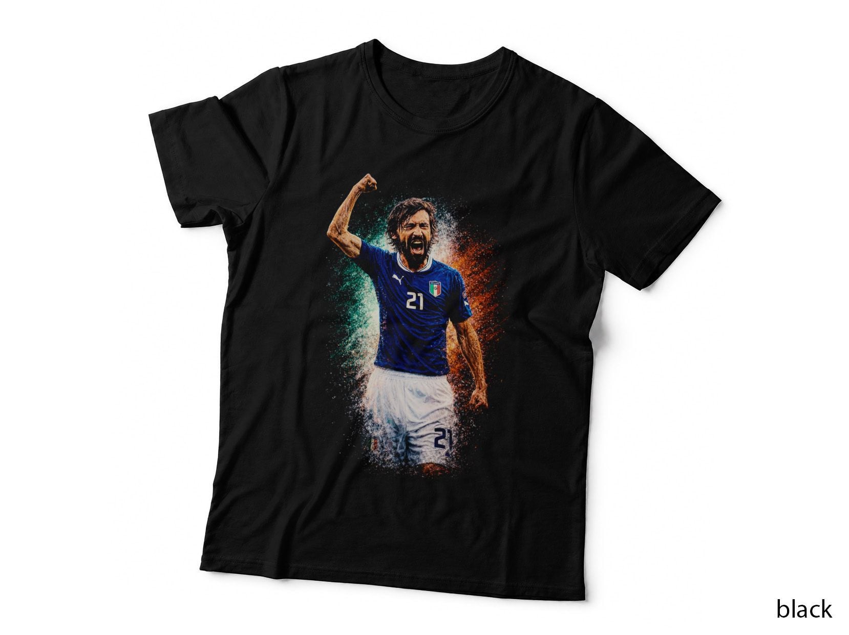 Andrea Pirlo Italy Blue Kit Number 21 Fist Raised Celebration Teal T-Shirt
