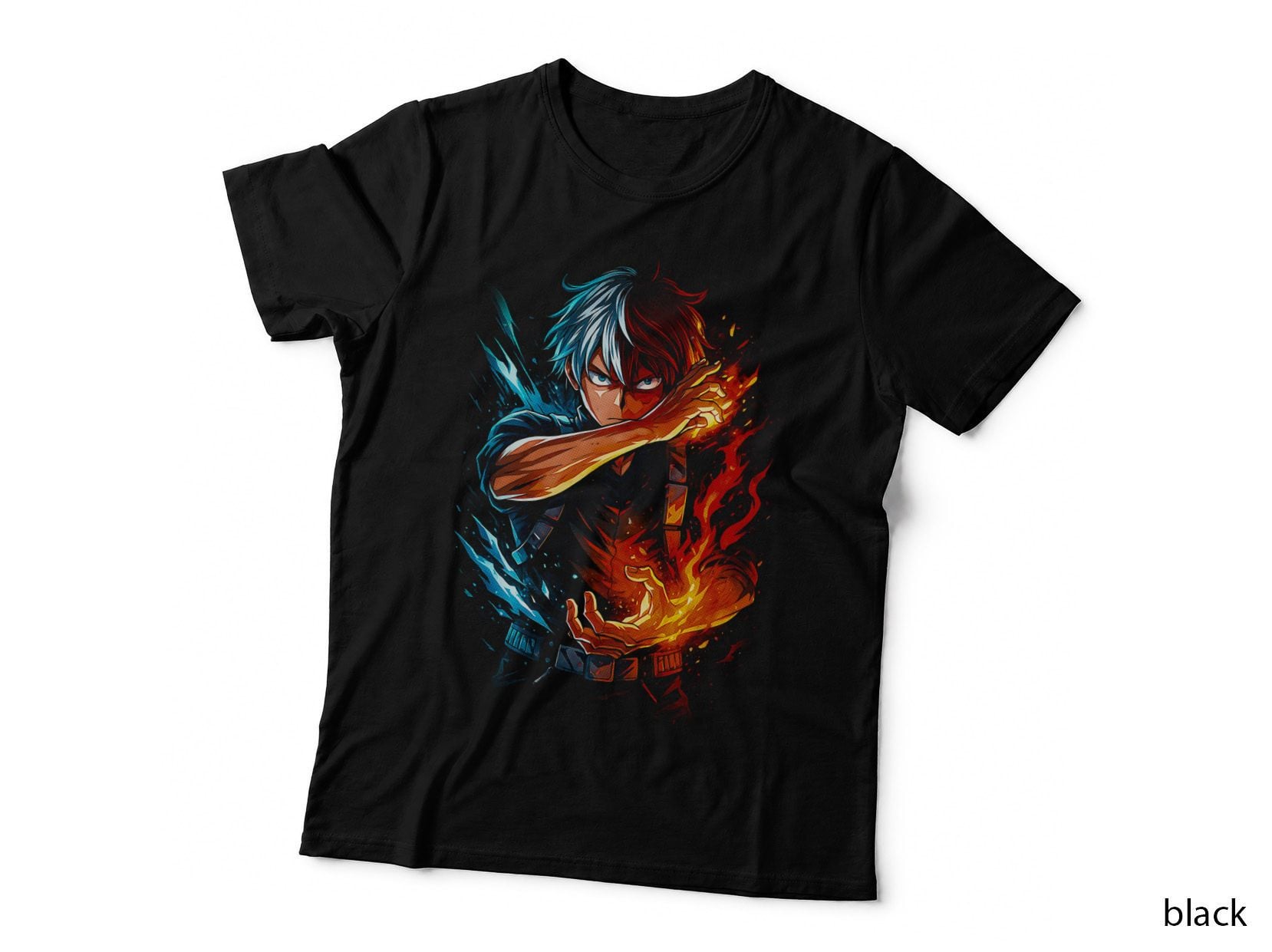 Anime Dual Element Warrior T-Shirt, Halftone Fire Blade Fighter Graphic Tee