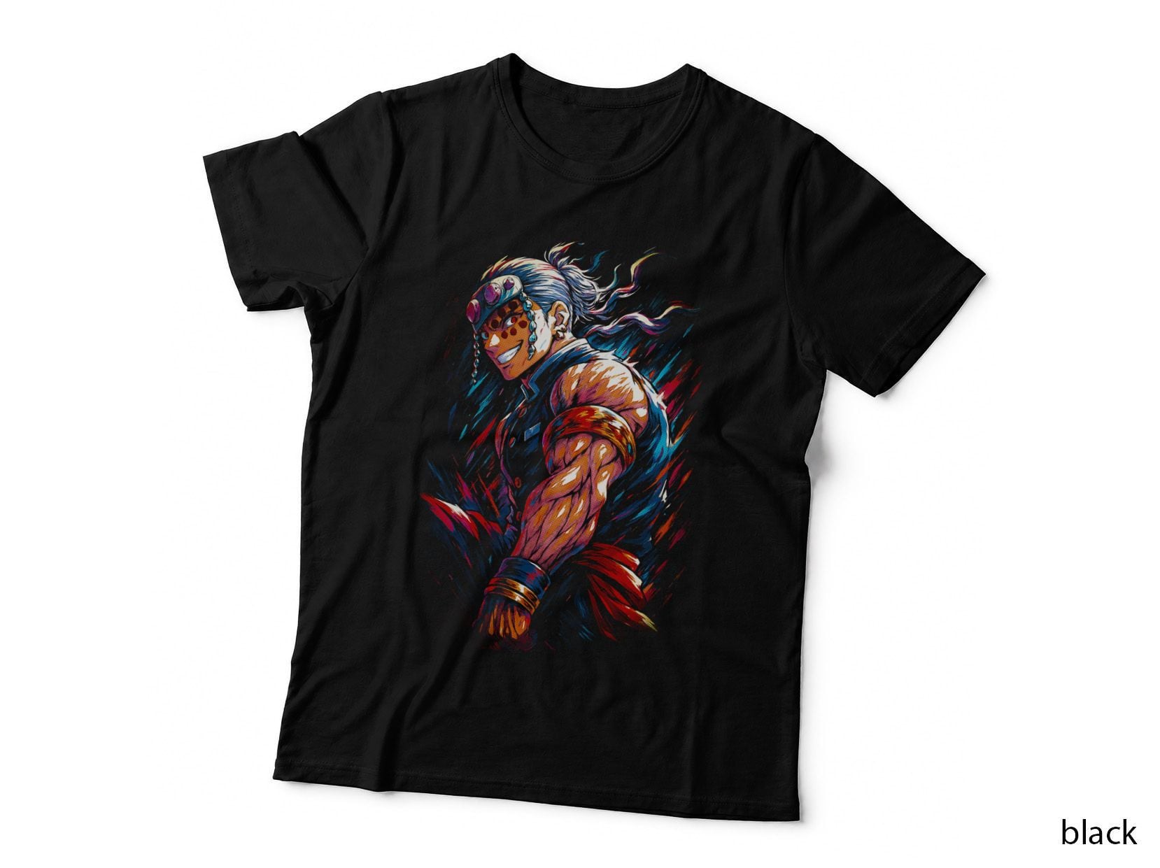 Anime Rainbow Fighter T-Shirt, Halftone Flame Muscle Warrior Graphic Tee