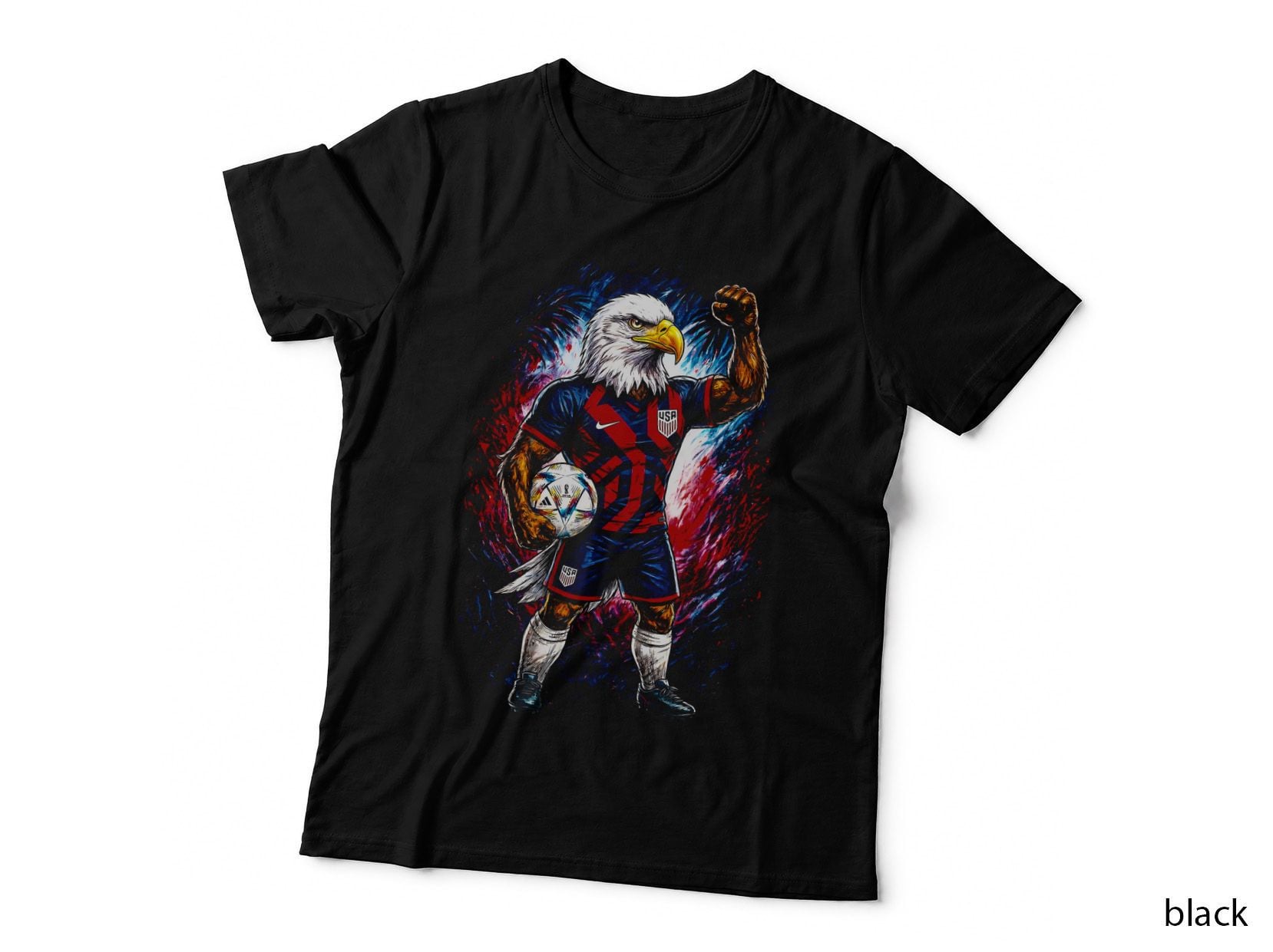 Bald Eagle Soccer Player Mascot Blue Jersey Red White Splatter Fist T-Shirt
