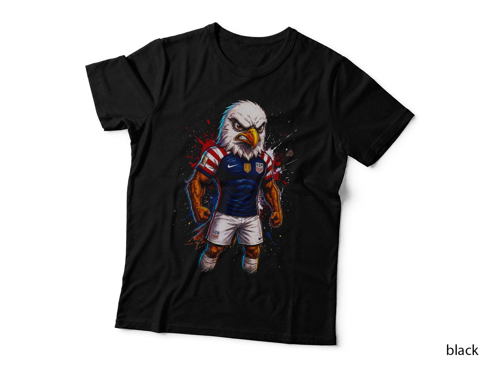 Bald Eagle Soccer Player Mascot Striped Sleeve Jersey Red White Splatter T-Shirt