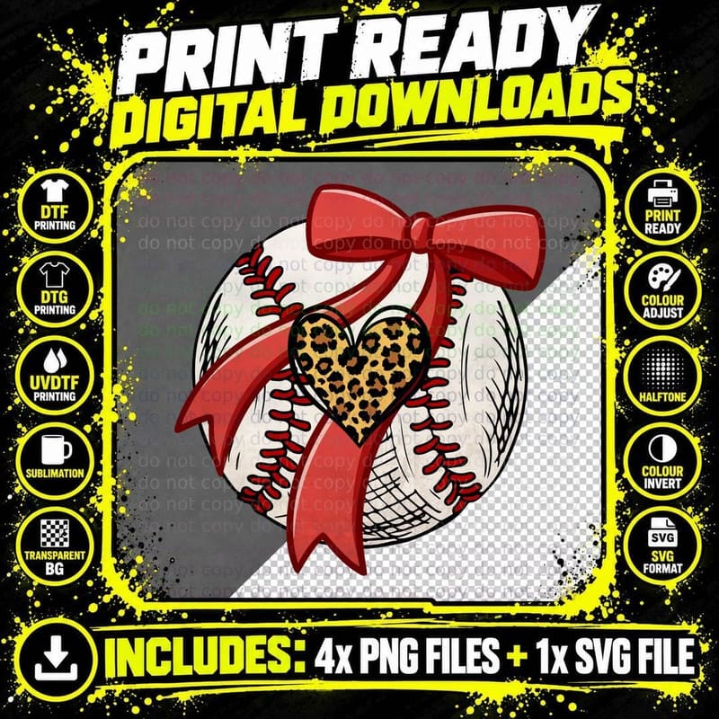 Baseball Ball with Red Bow and Leopard Heart Baseball Png SVG Digital Bundle