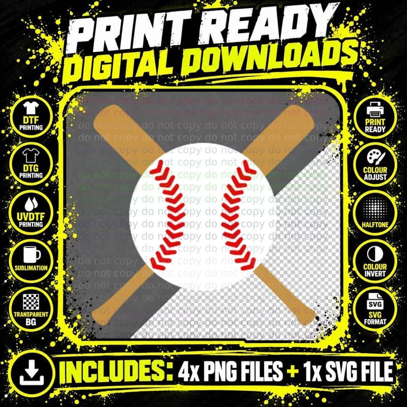 Baseball Bats Crossed Over Ball Baseball Art T-Shirt Png SVG Digital Bundle